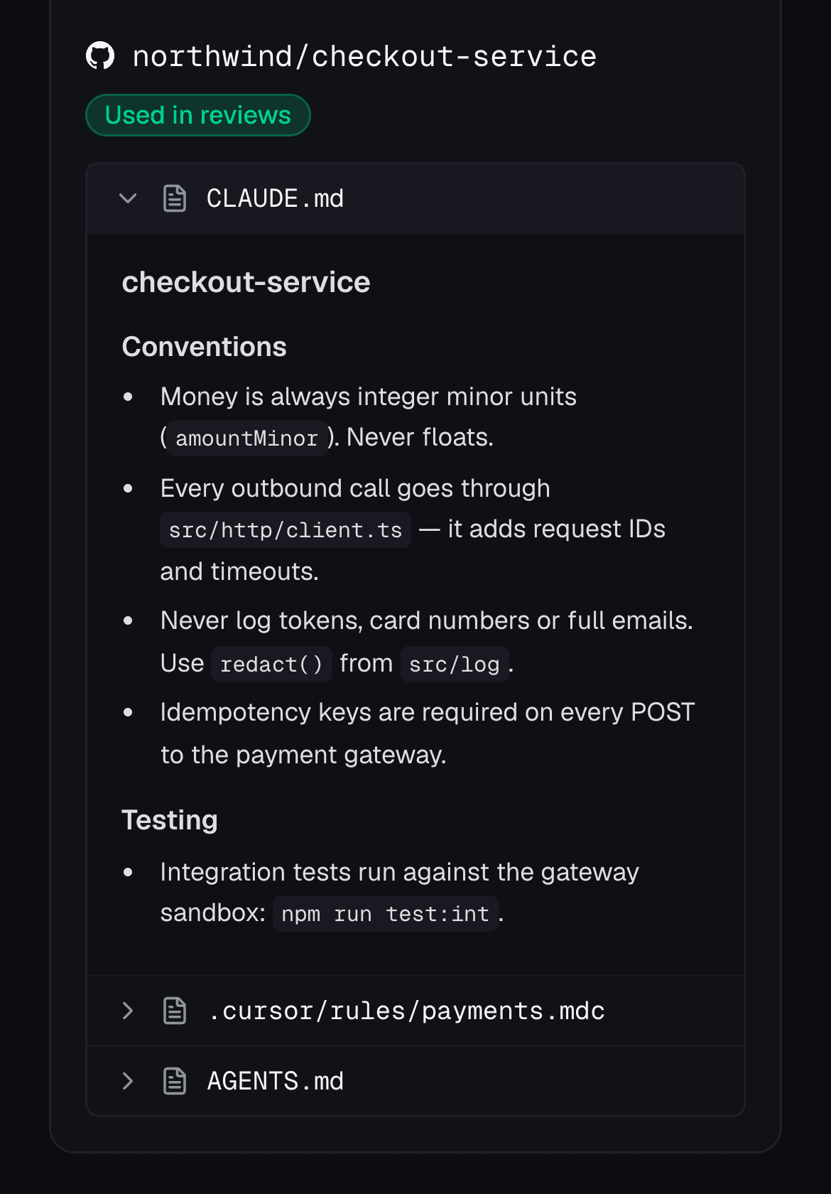 Context page showing a repository's CLAUDE.md conventions