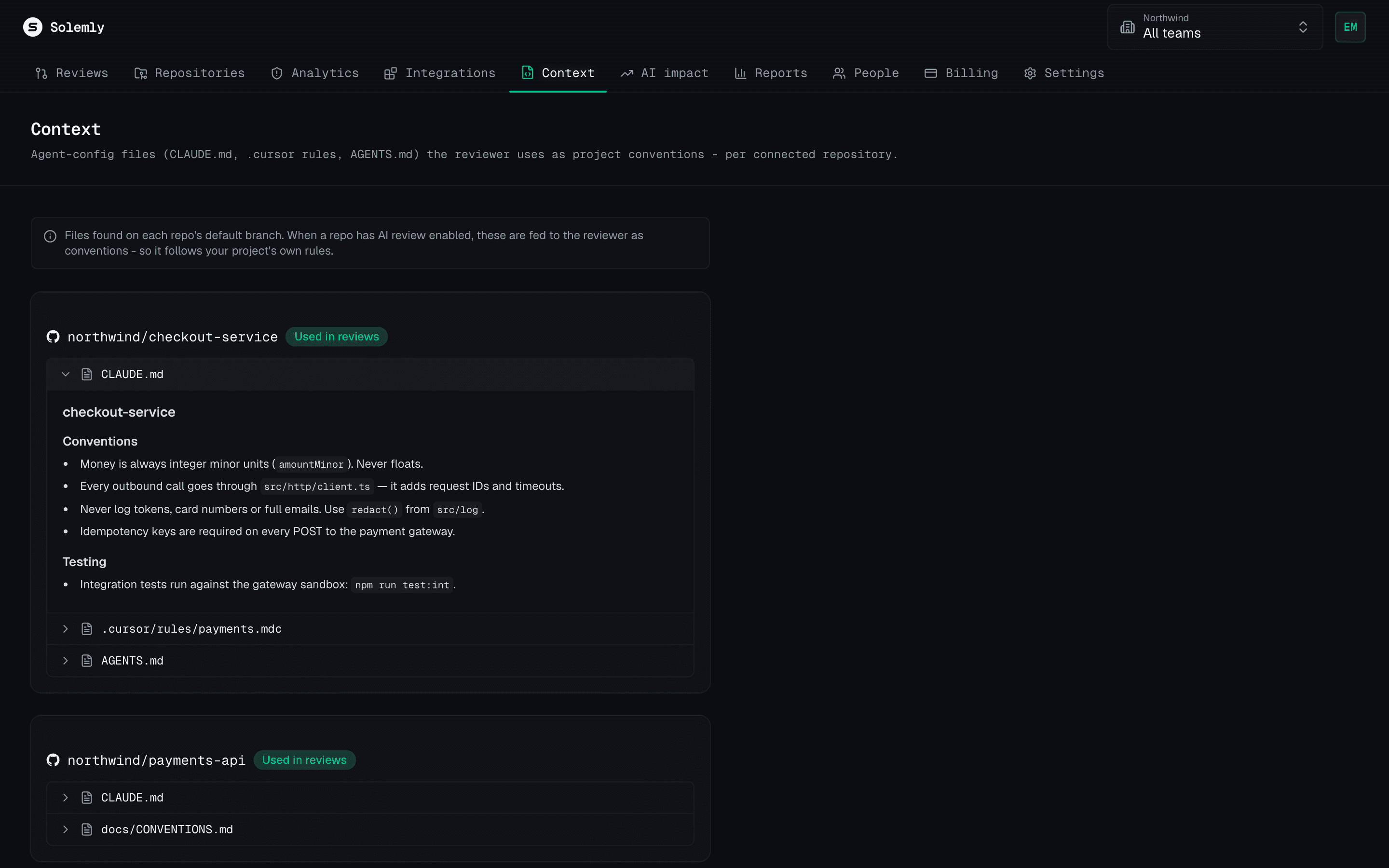 Context page showing a repository's CLAUDE.md conventions