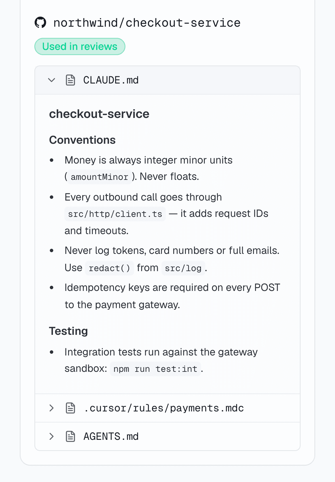 Context page showing a repository's CLAUDE.md conventions