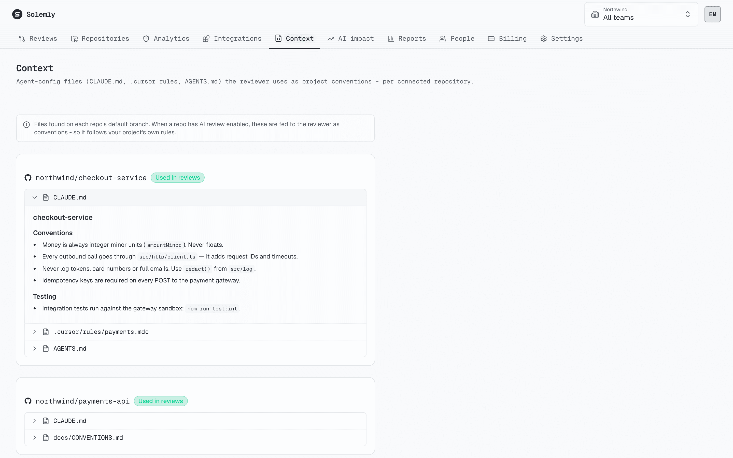 Context page showing a repository's CLAUDE.md conventions