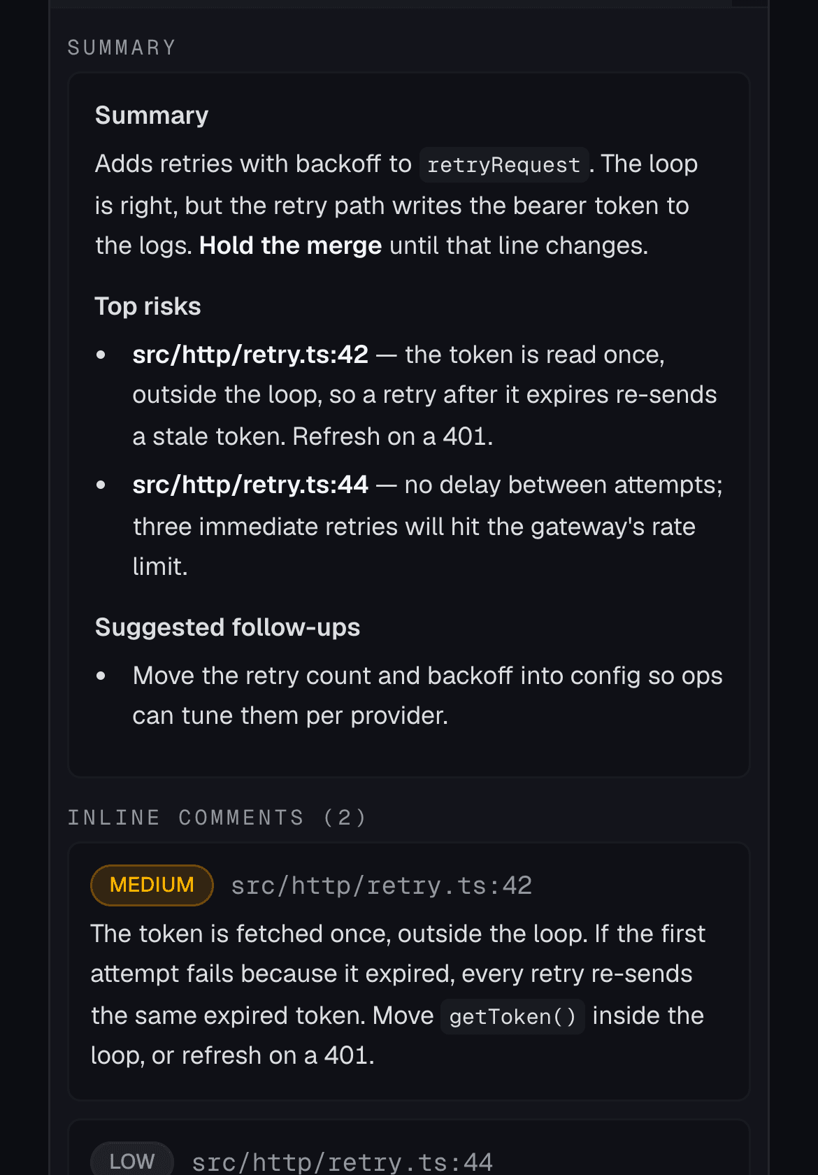 Reviews page listing recent pull requests, one expanded to show its summary and inline comments