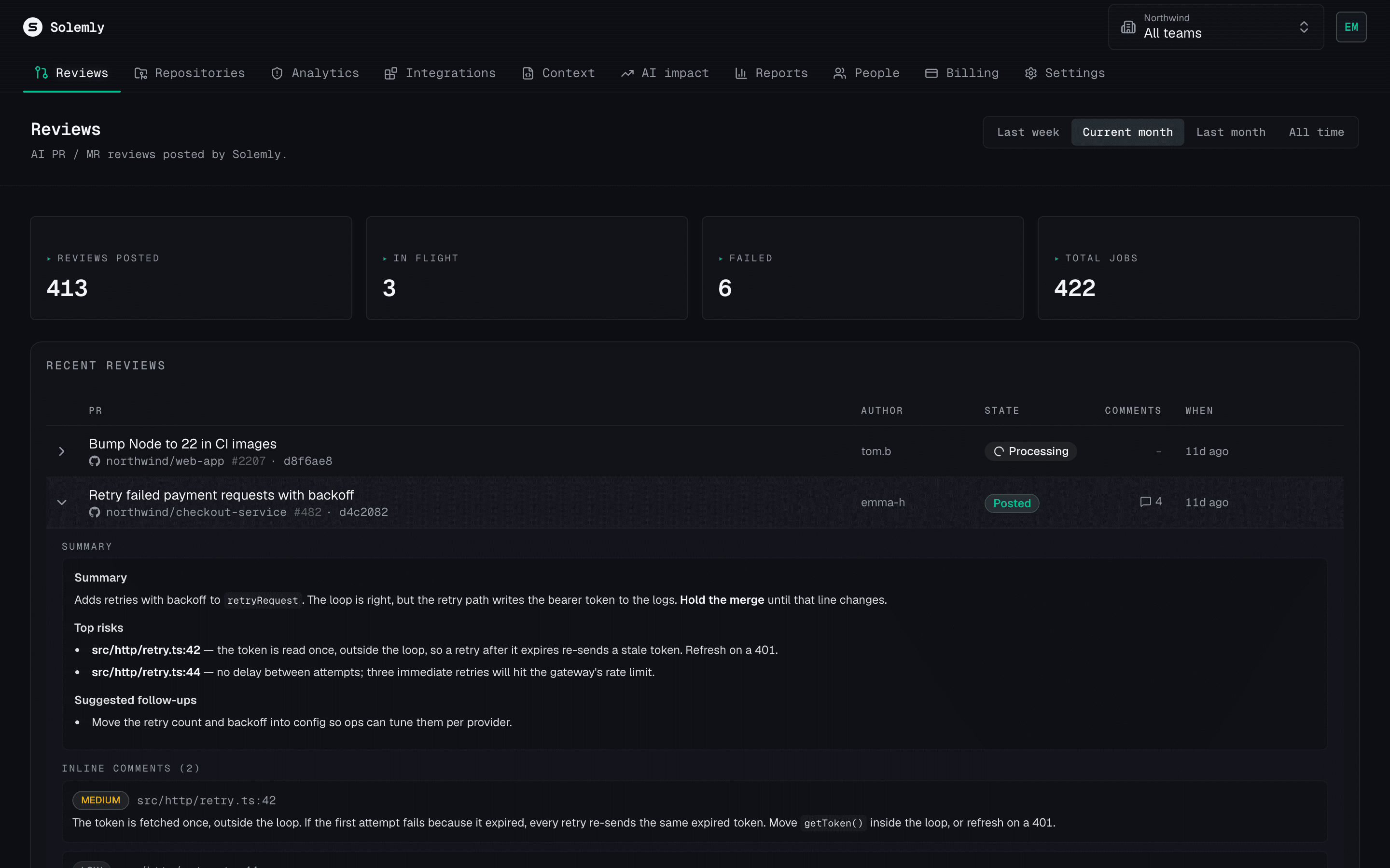Reviews page listing recent pull requests, one expanded to show its summary and inline comments