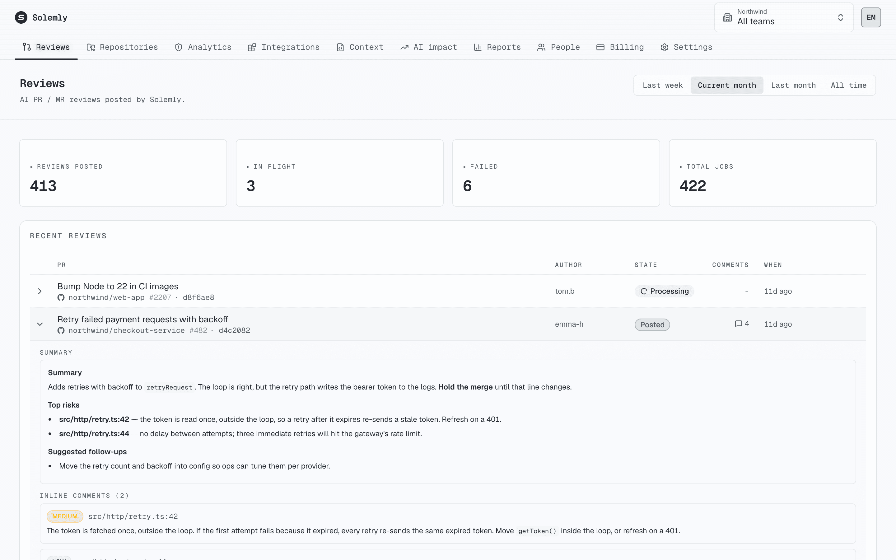 Reviews page listing recent pull requests, one expanded to show its summary and inline comments