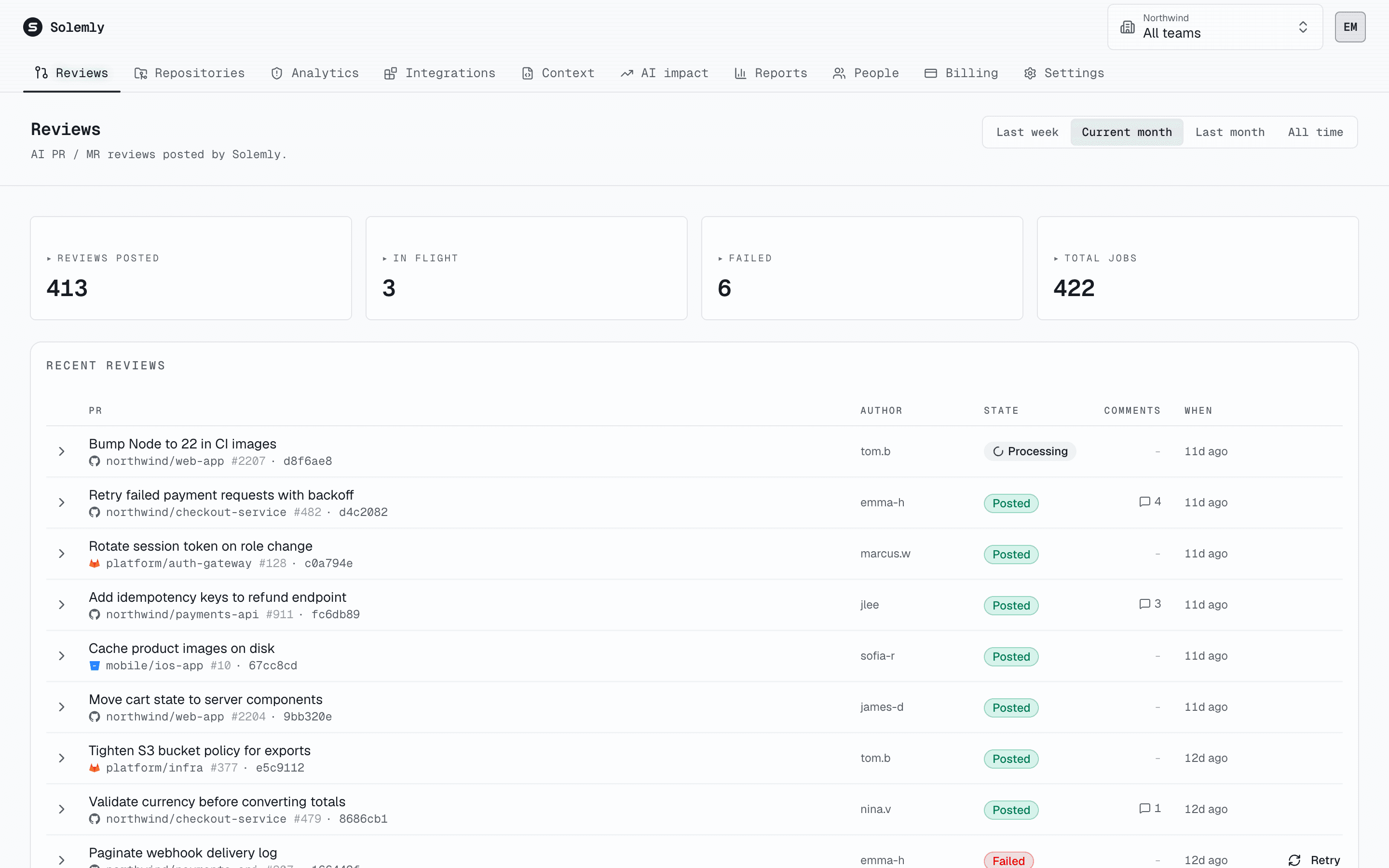 Reviews page listing recent pull requests, one expanded to show its summary and inline comments