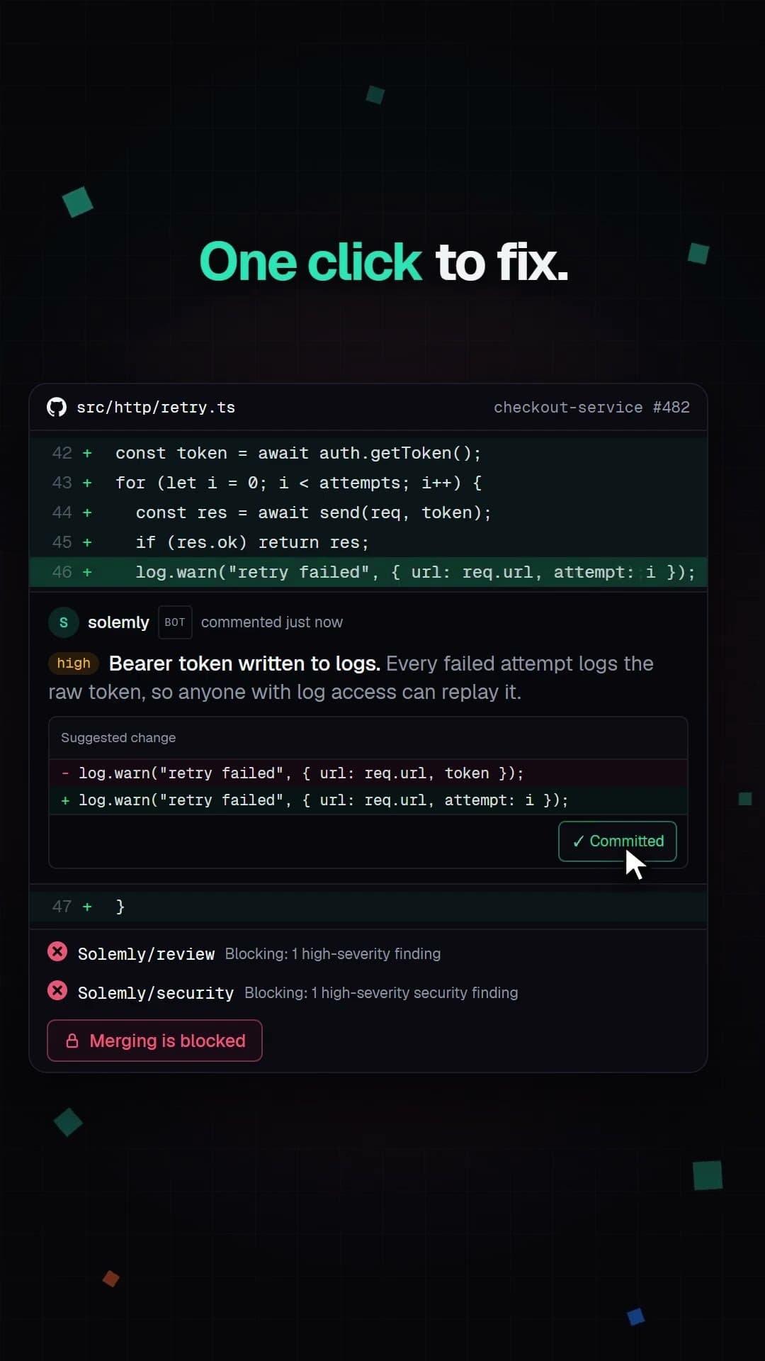 A YouTube Short of a Solemly review catching an auth token leaked by a retry loop