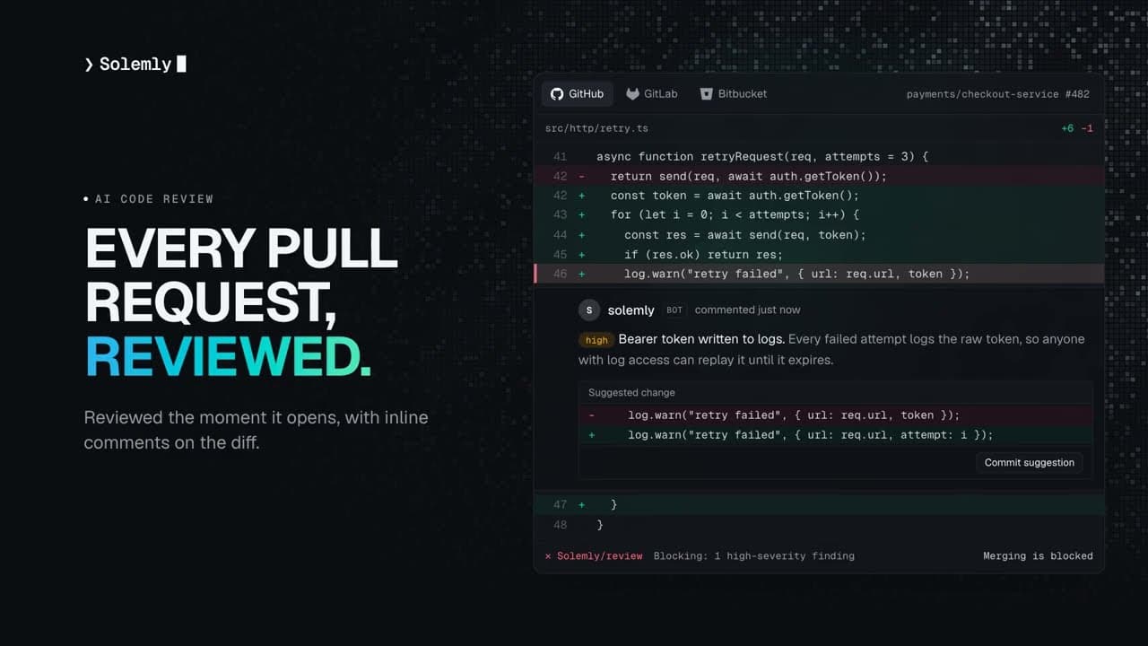 Solemly's launch film: a pull request diff with an inline review comment and a blocked merge