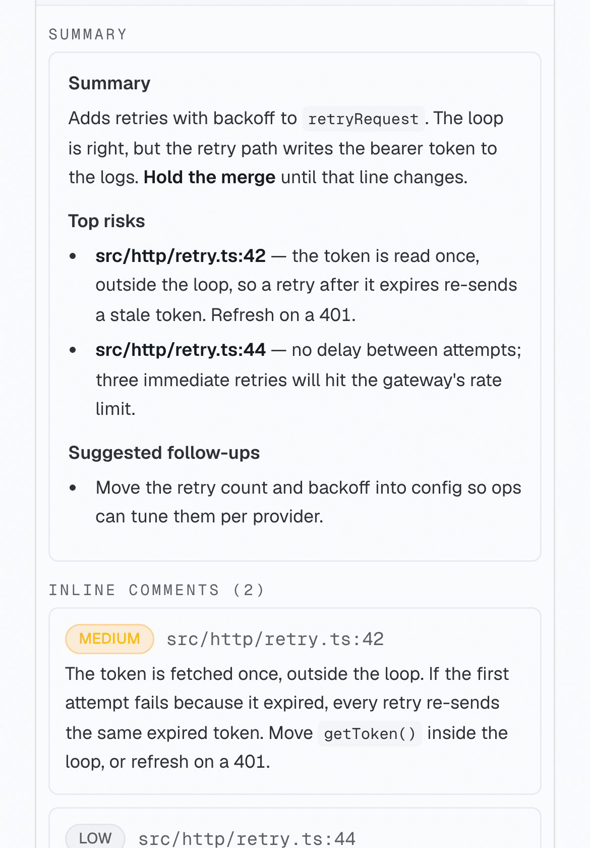 Reviews page listing recent pull requests, one expanded to show its summary and inline comments